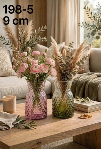 [198-5] VASE EN VERRE MOTIF DIAMANT ROSE & VERT 198-5