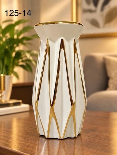 [125-14] VASE BLANC GÉOMÉTRIQUE LIGNES DORÉES 125-14